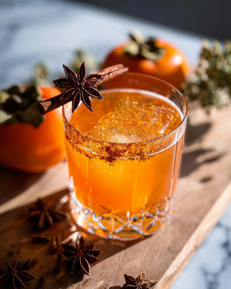 A festive persimmon cocktail garnished with star anise and cinnamon, perfect for Thanksgiving Drinks in 20 Minutes.