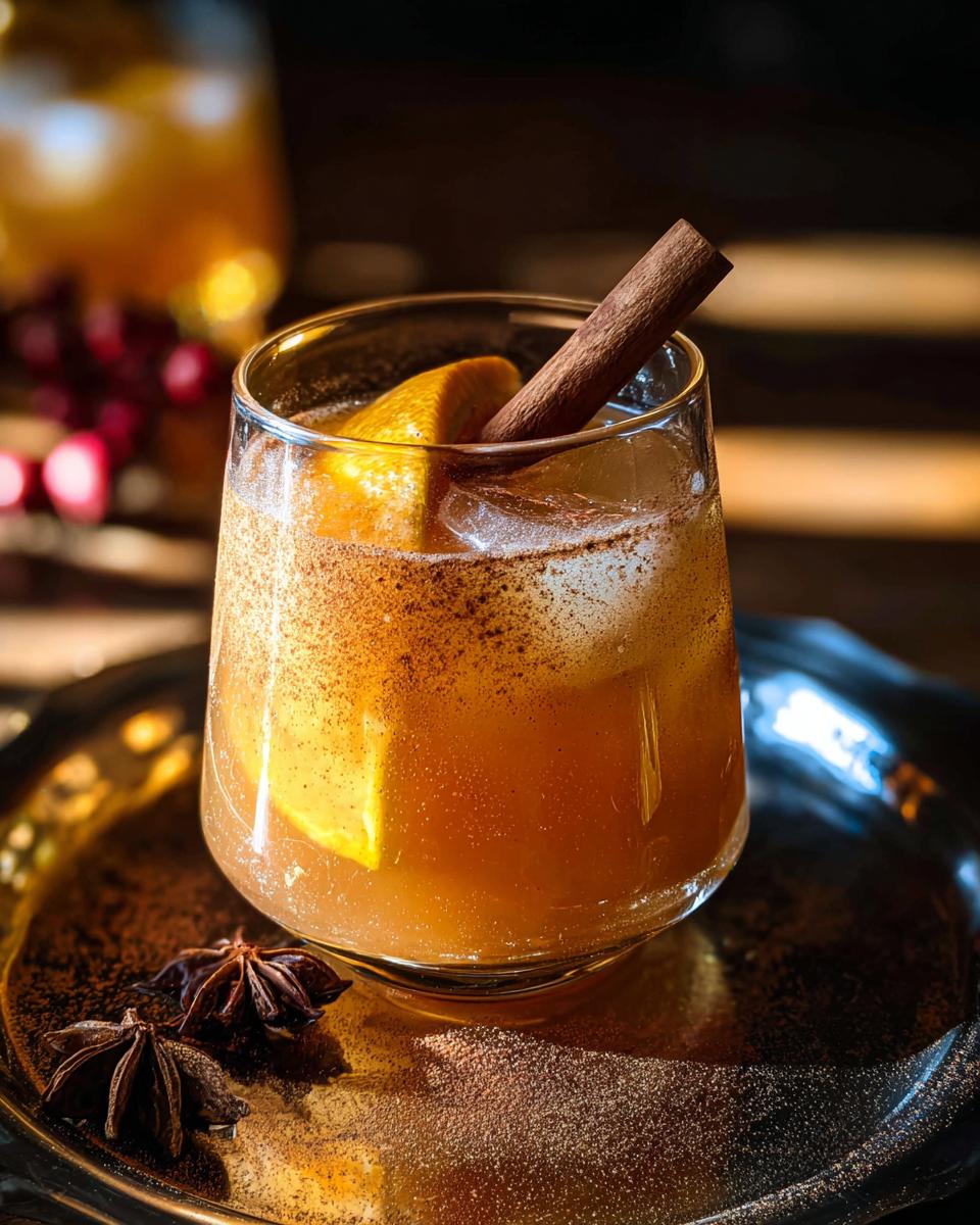 A festive Thanksgiving drinks recipe cocktail with apple cider, orange slice, cinnamon stick, and star anise.