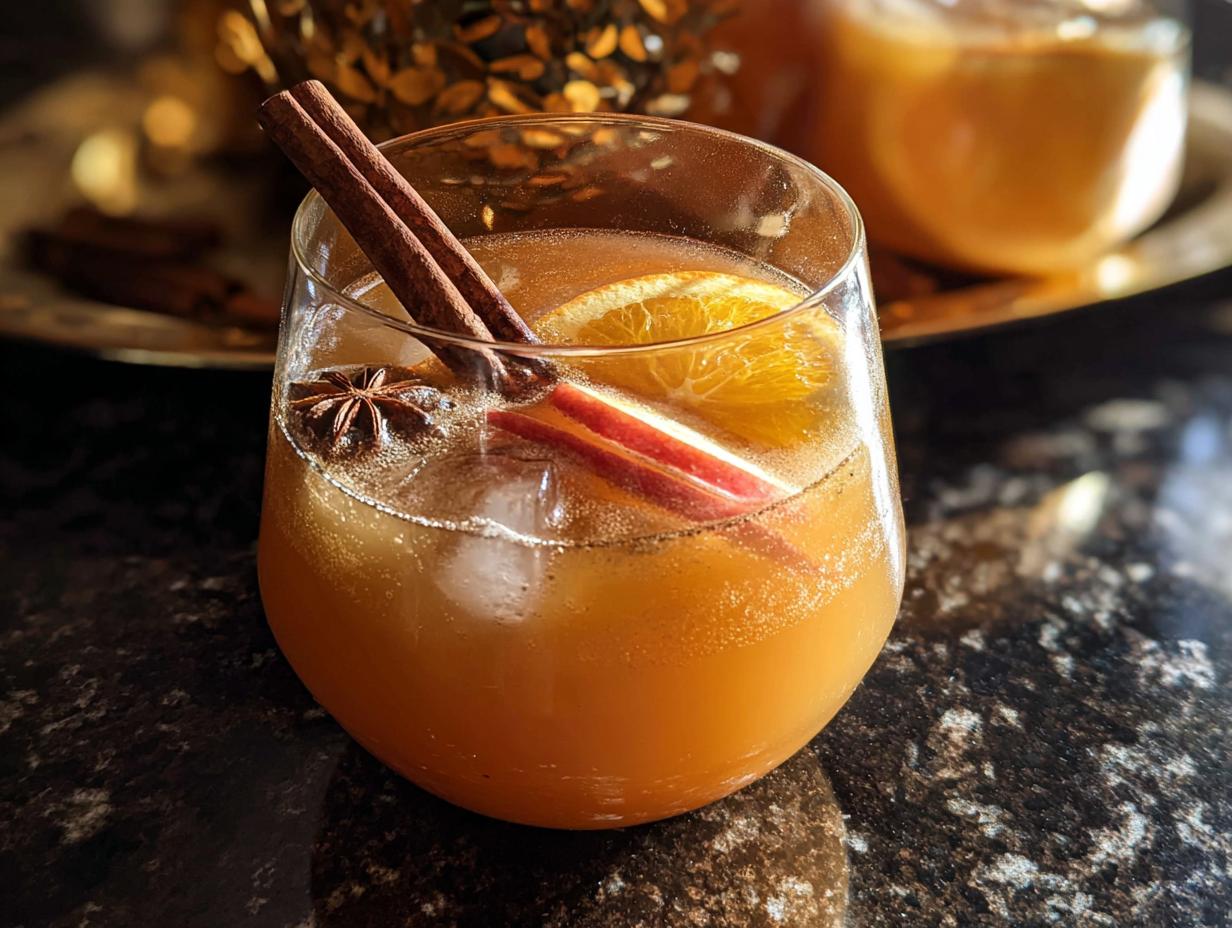 A festive Thanksgiving drink with apple slices, orange, cinnamon sticks, and star anise in a glass.