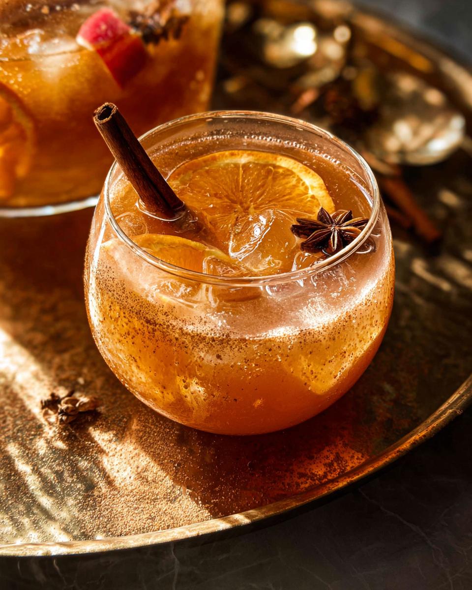 Close-up of a festive Thanksgiving drink recipe with ice, orange slices, cinnamon stick, and star anise.