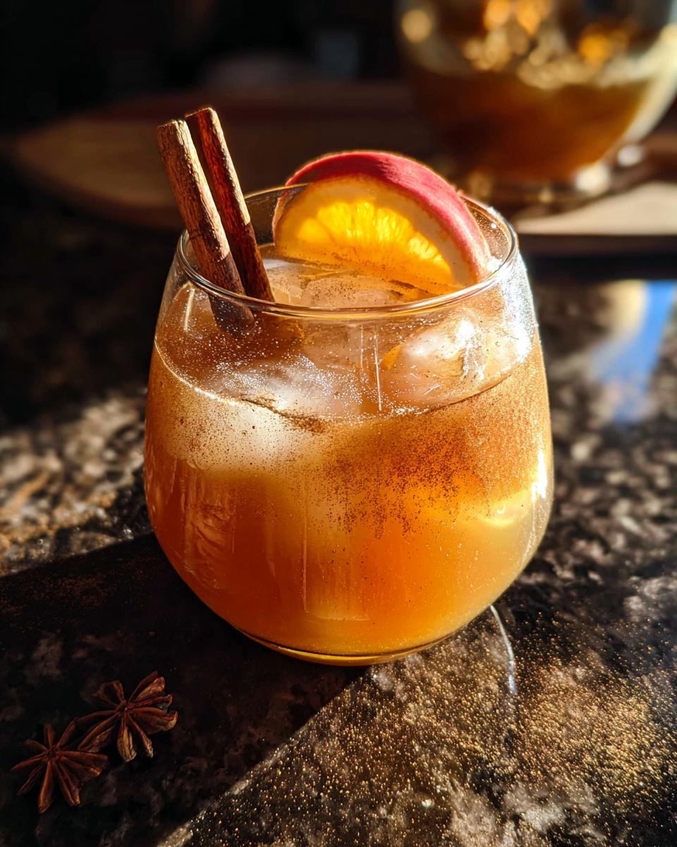 A refreshing Thanksgiving drinks recipe cocktail with ice, cinnamon sticks, and an orange slice, dusted with cinnamon.