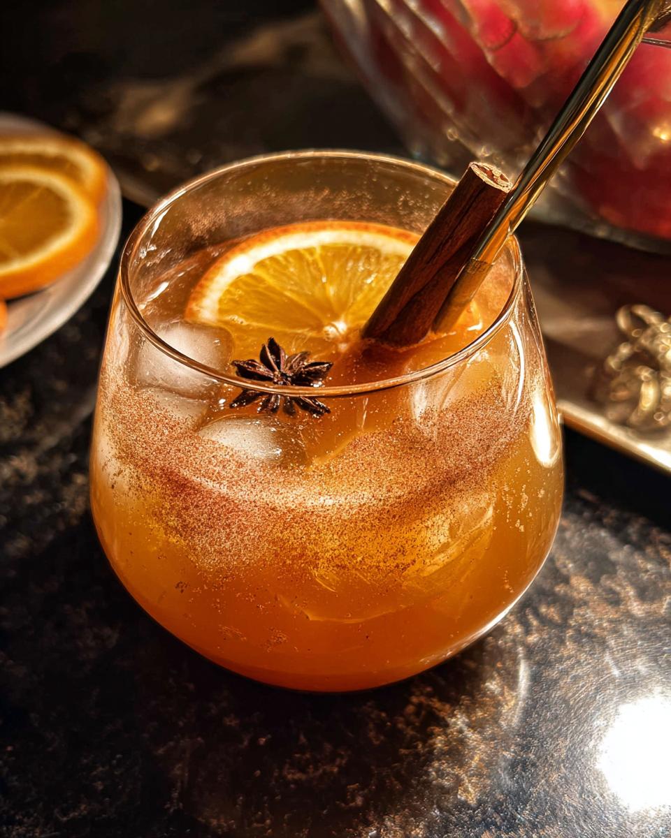 Close-up of a festive Thanksgiving drink, a spiced orange cocktail with ice, orange slice, cinnamon stick, and star anise.