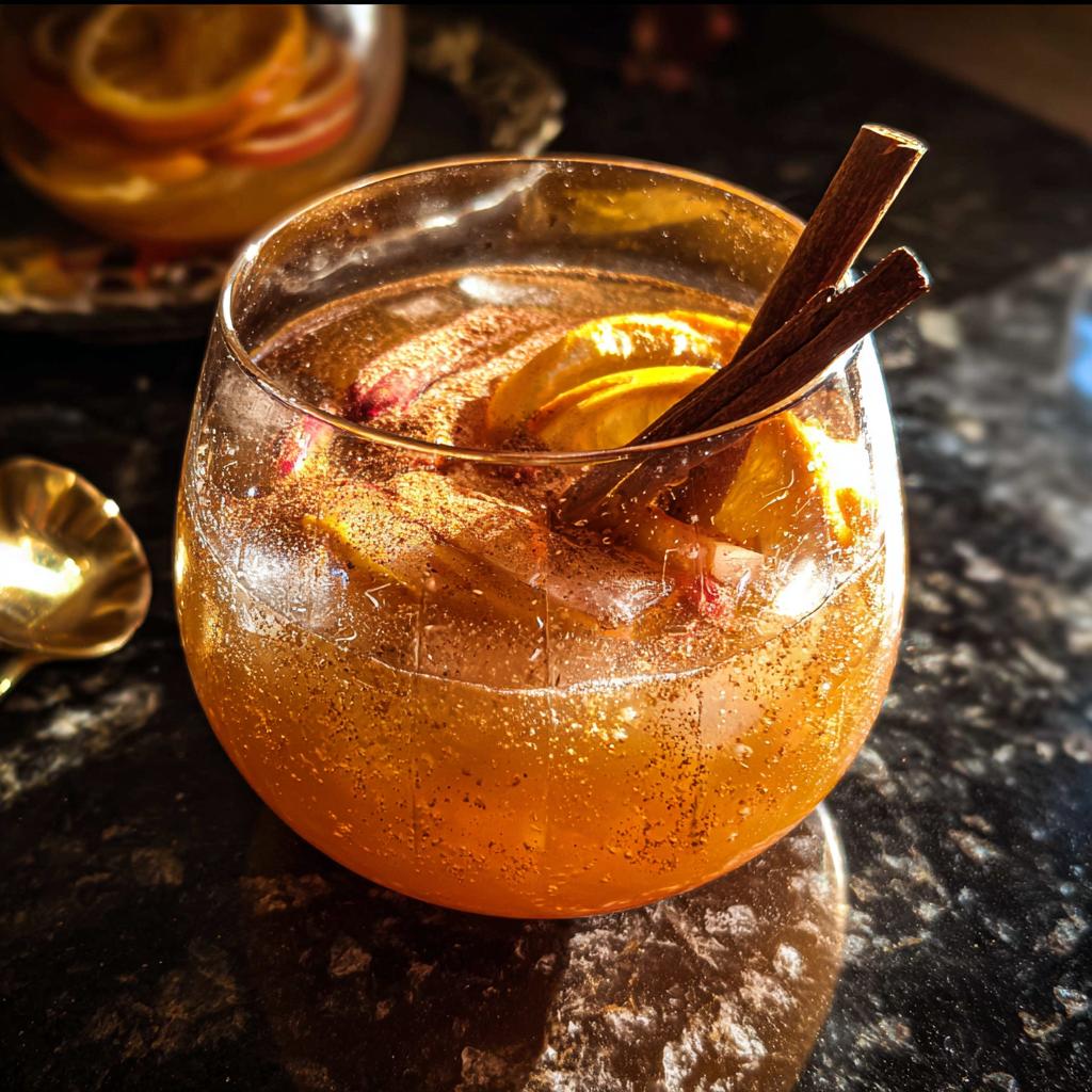 A festive glass filled with a spiced Thanksgiving drink, garnished with orange slices, cinnamon sticks, and edible glitter.