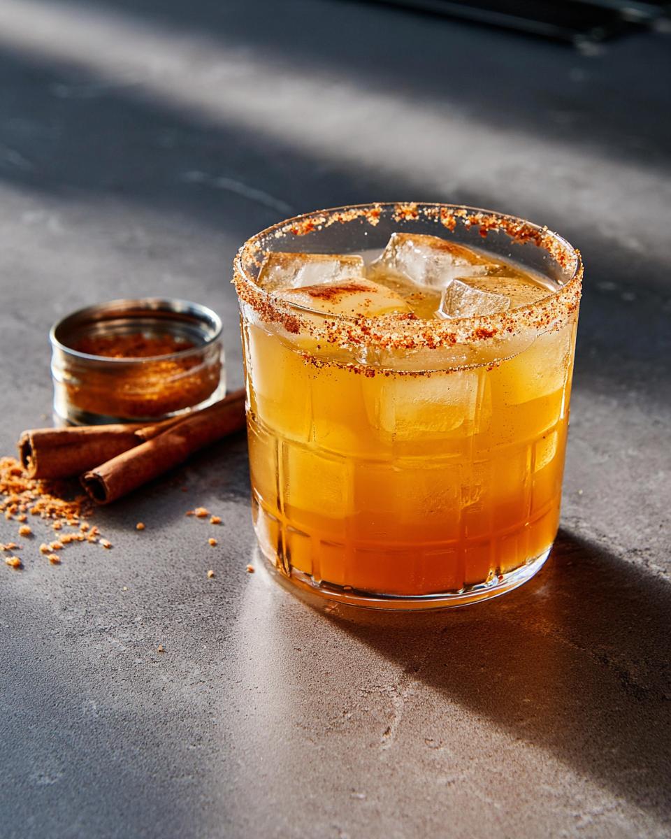 A festive spiced apple cider cocktail with a cinnamon-sugar rim, perfect for Thanksgiving.
