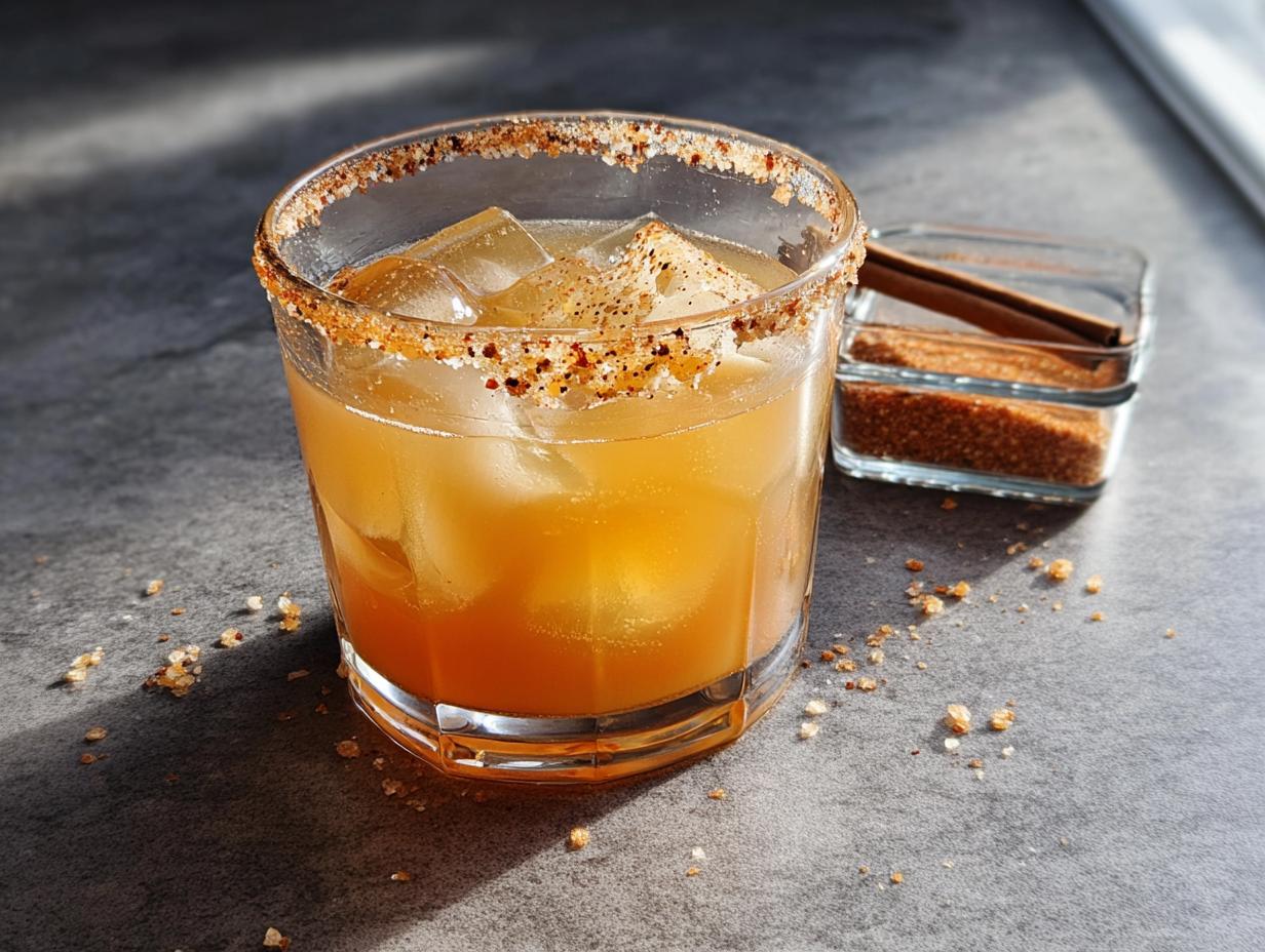 A festive spiced apple cider cocktail with a cinnamon-sugar rim, perfect for Thanksgiving drinks.