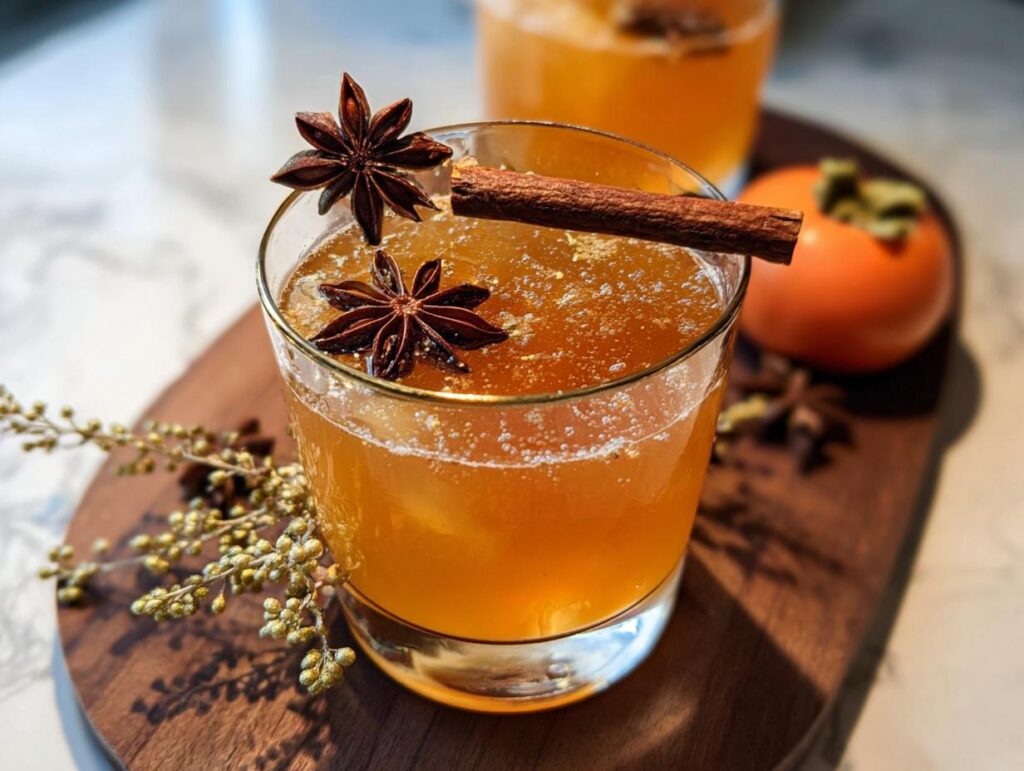 A festive spiced apple cider cocktail, perfect for Thanksgiving Drinks in 20 Minutes, garnished with star anise and cinnamon.