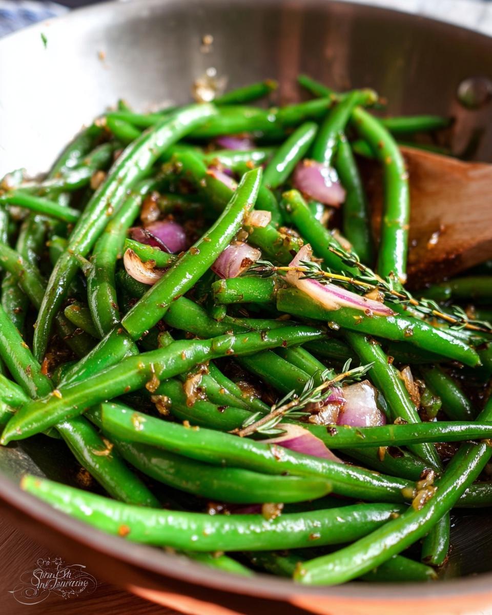 Close-up of Thanksgiving green beans with red onion and herbs in a pan, seasoned and ready to serve.