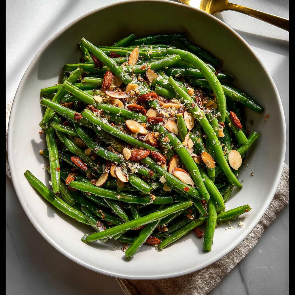 A bowl of Thanksgiving green beans topped with sliced almonds and a sprinkle of cheese.