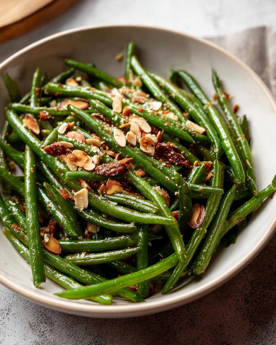 Close-up of Thanksgiving Green Beans for Busy Weeknights, topped with toasted almonds and sun-dried tomatoes.