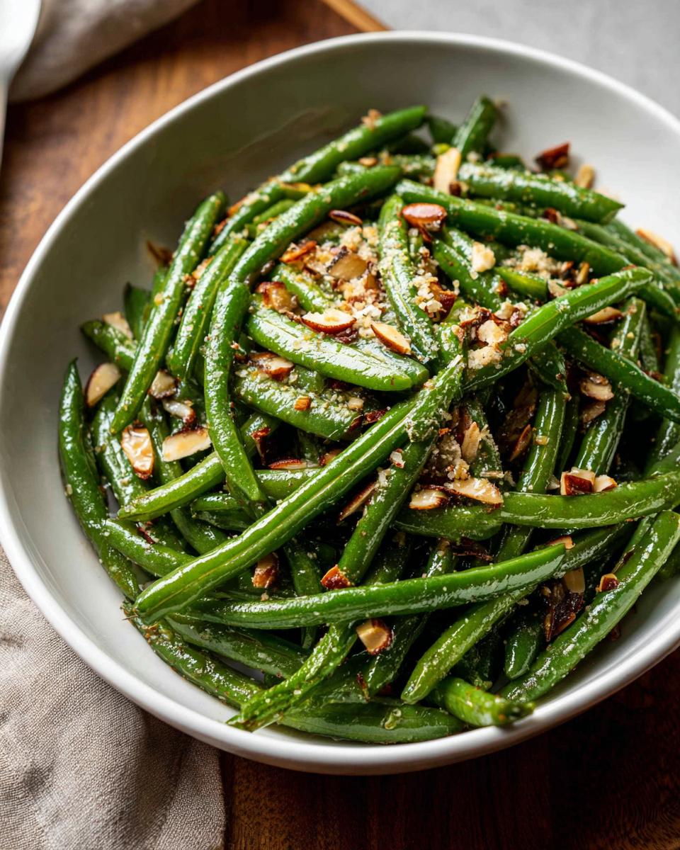 A bowl of vibrant Thanksgiving green beans topped with toasted almonds and breadcrumbs.