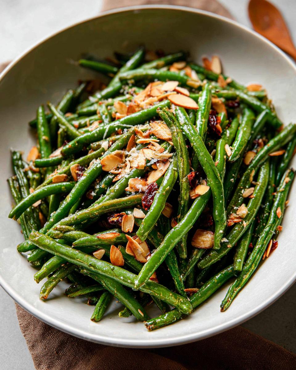 A close-up of Thanksgiving Green Beans for Busy Weeknights, topped with toasted almonds and dried cranberries in a bowl.