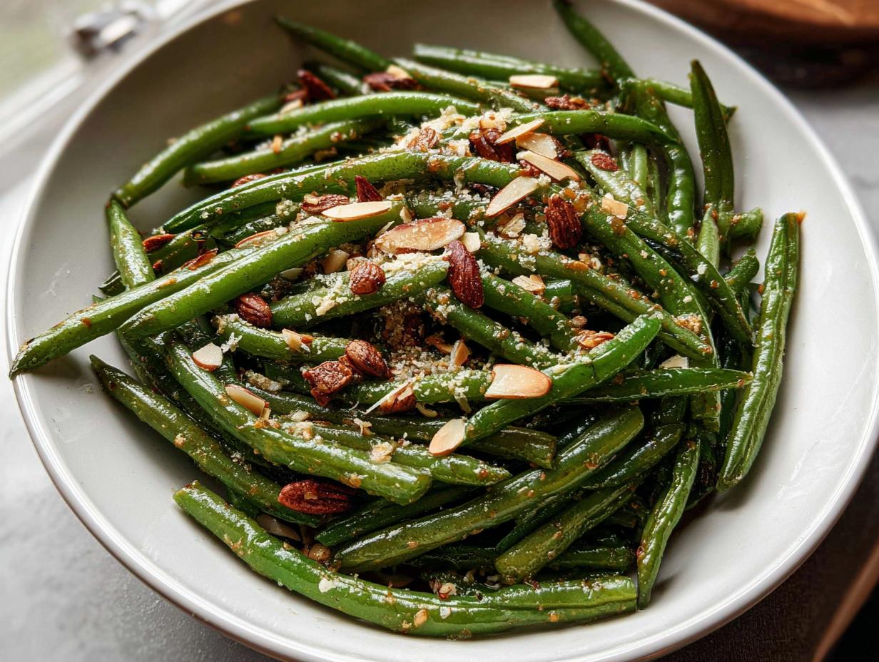 Close-up of Thanksgiving Green Beans for Busy Weeknights, topped with sliced almonds and breadcrumbs.