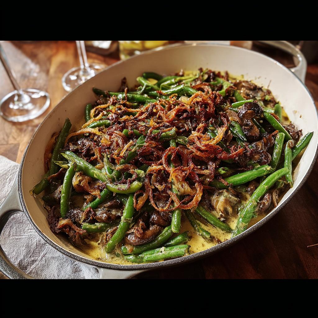 A close-up of a creamy casserole dish filled with bright green beans, sliced mushrooms, and topped with crispy fried onions.