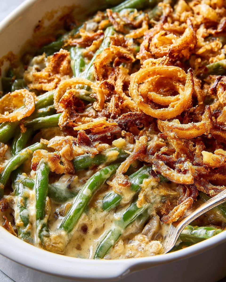 Close-up of creamy Thanksgiving green beans casserole topped with golden crispy fried onions.