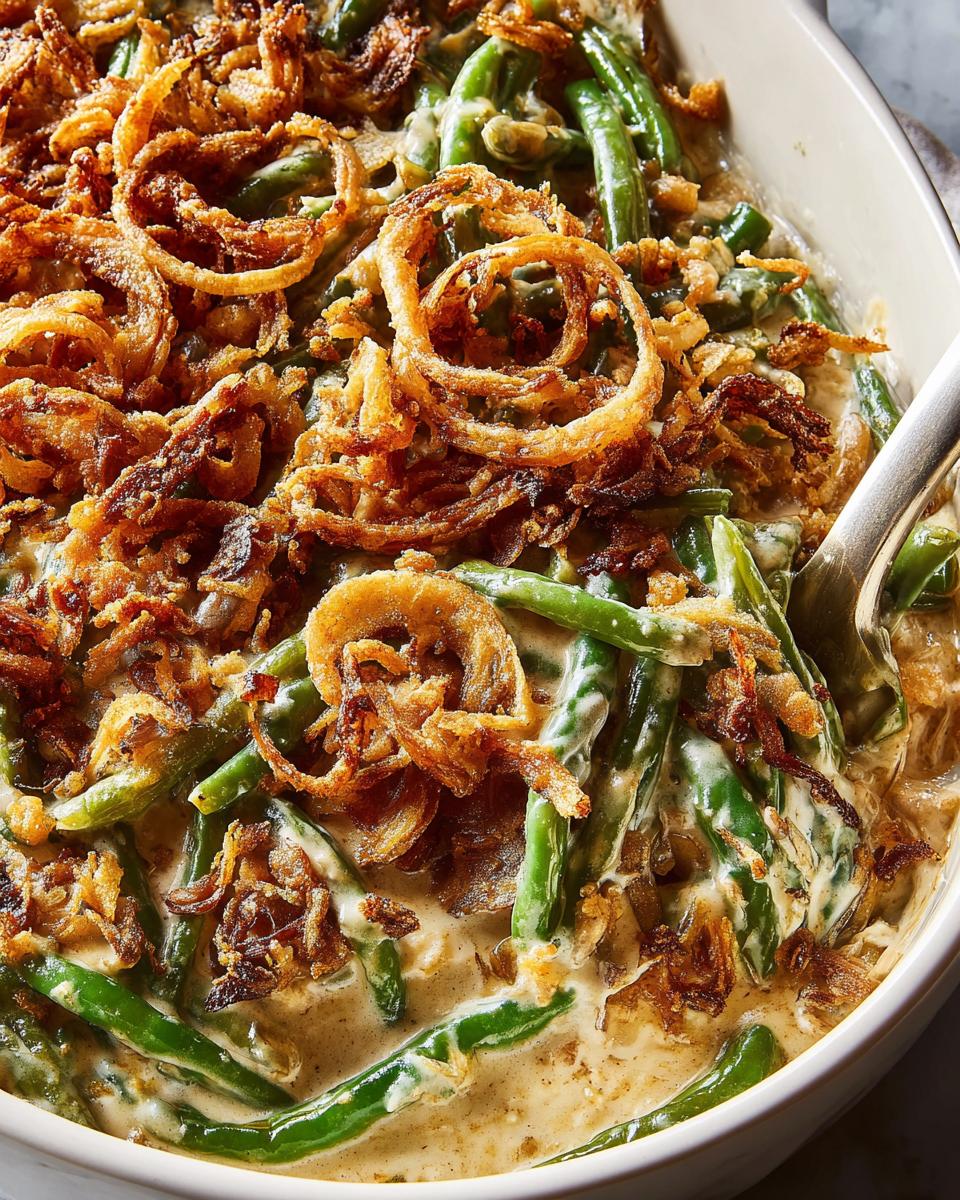 Close-up of a creamy Thanksgiving Green Beans casserole topped with crispy fried onions.