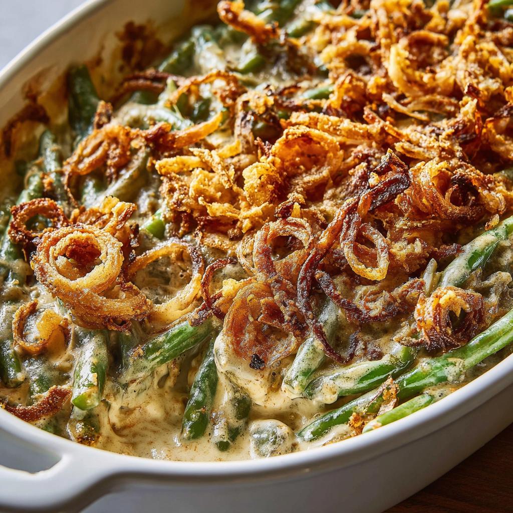 Close-up of a creamy Thanksgiving green beans casserole topped with crispy fried onions.
