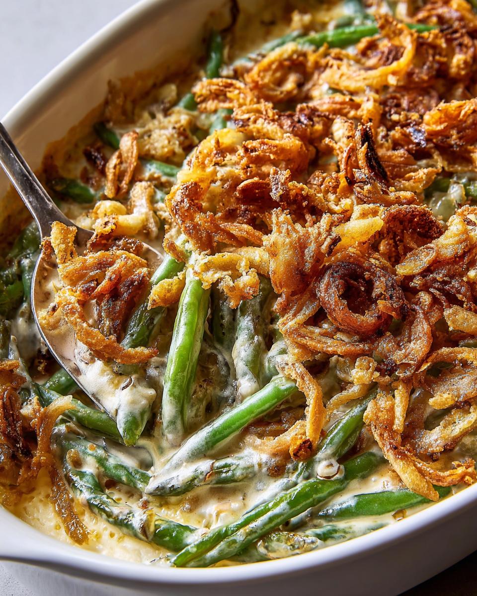 Close-up of creamy Thanksgiving green beans topped with crispy fried onions in a white baking dish.