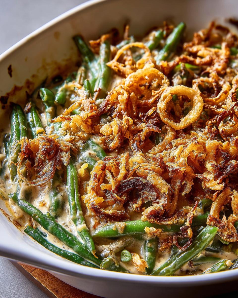 Close-up of a creamy Thanksgiving green beans casserole topped with crispy fried onions.