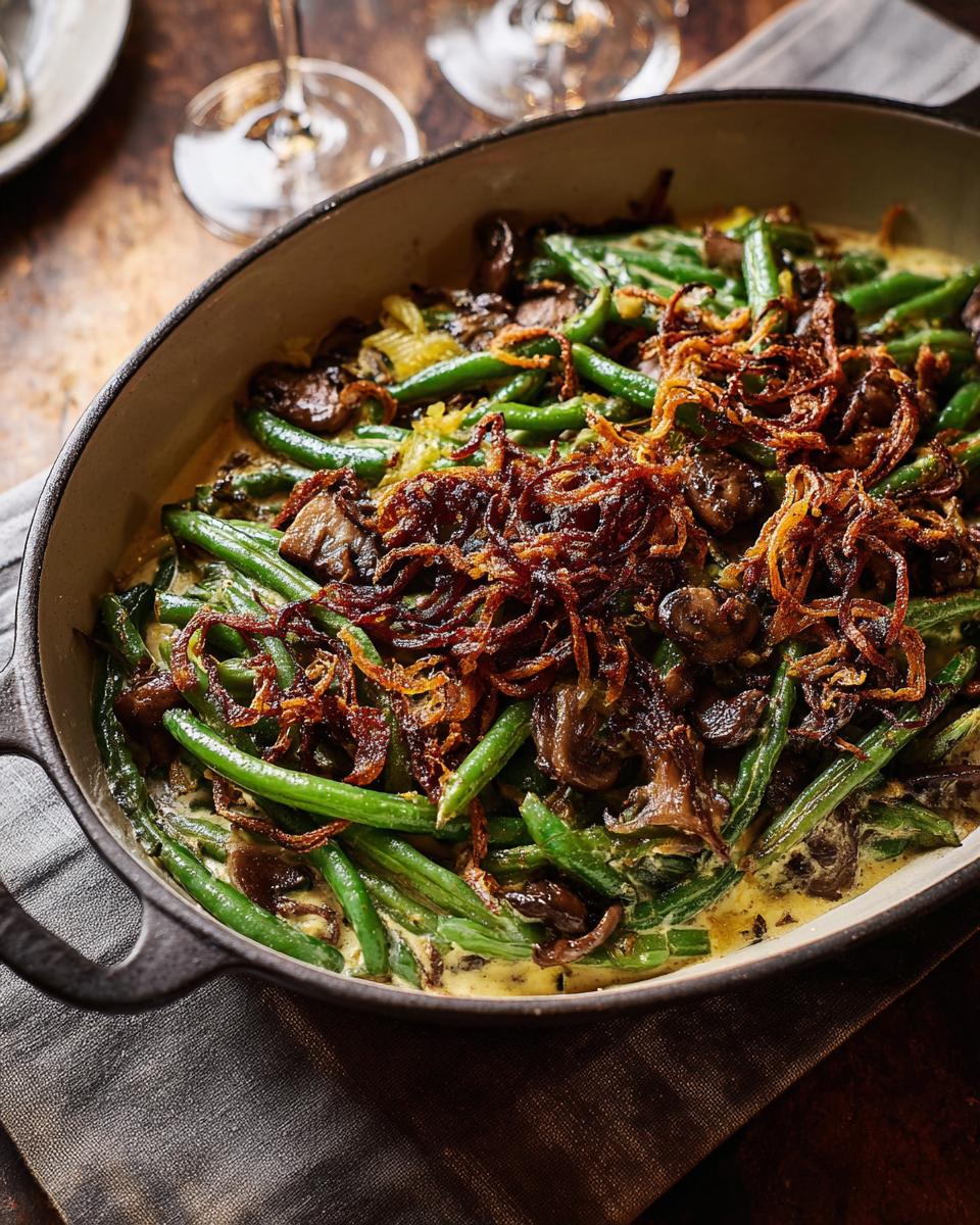A close-up of perfect Thanksgiving green beans in a creamy sauce, topped with crispy fried onions.