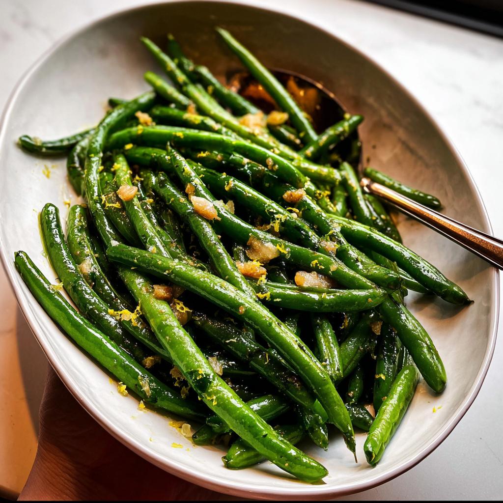 A close-up of a serving bowl filled with glistening Thanksgiving green beans, topped with lemon zest and garlic.