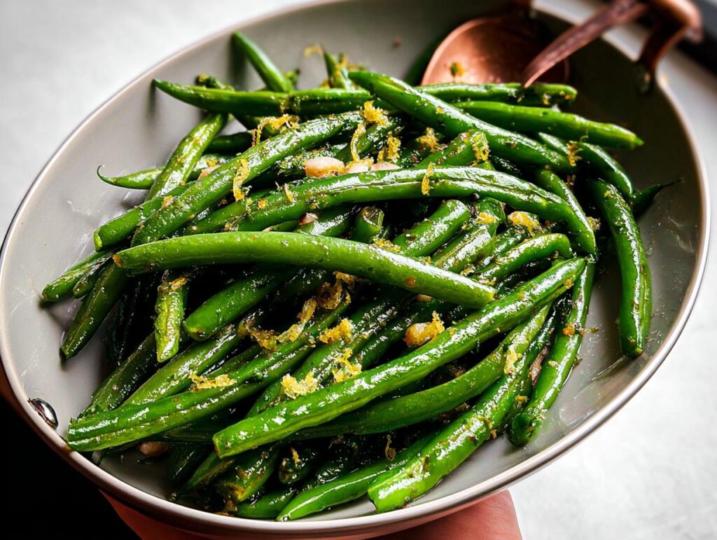 A close-up of a bowl of bright green Thanksgiving green beans tossed with lemon zest and herbs.