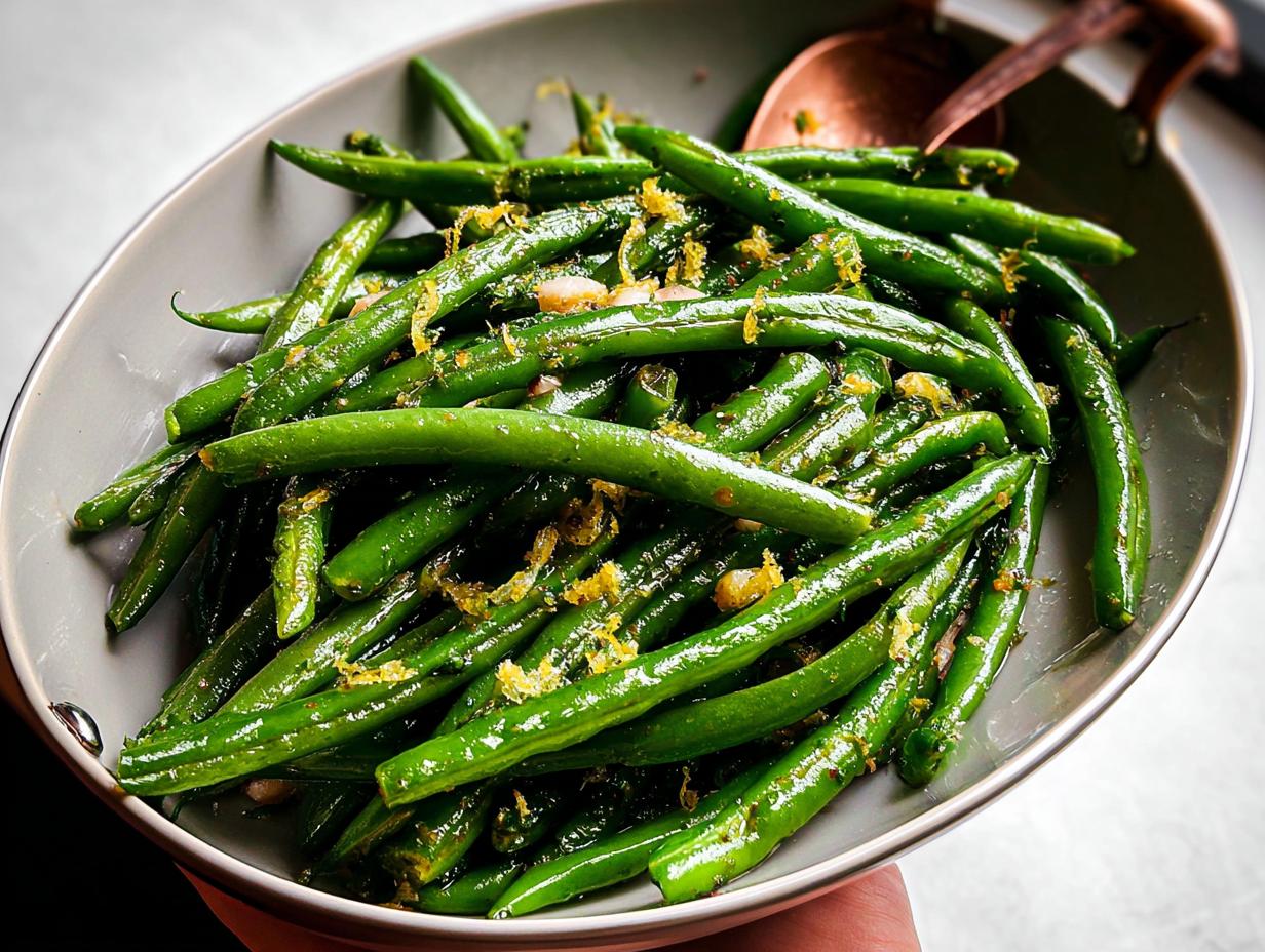 A close-up of a bowl of bright green Thanksgiving green beans tossed with lemon zest and herbs.