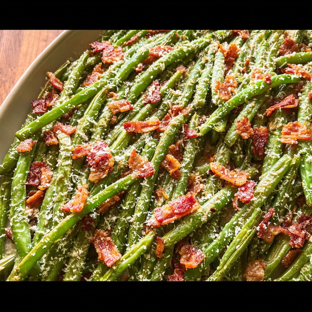 Close-up of a Thanksgiving Green Beans Recipe topped with crispy bacon and grated cheese.