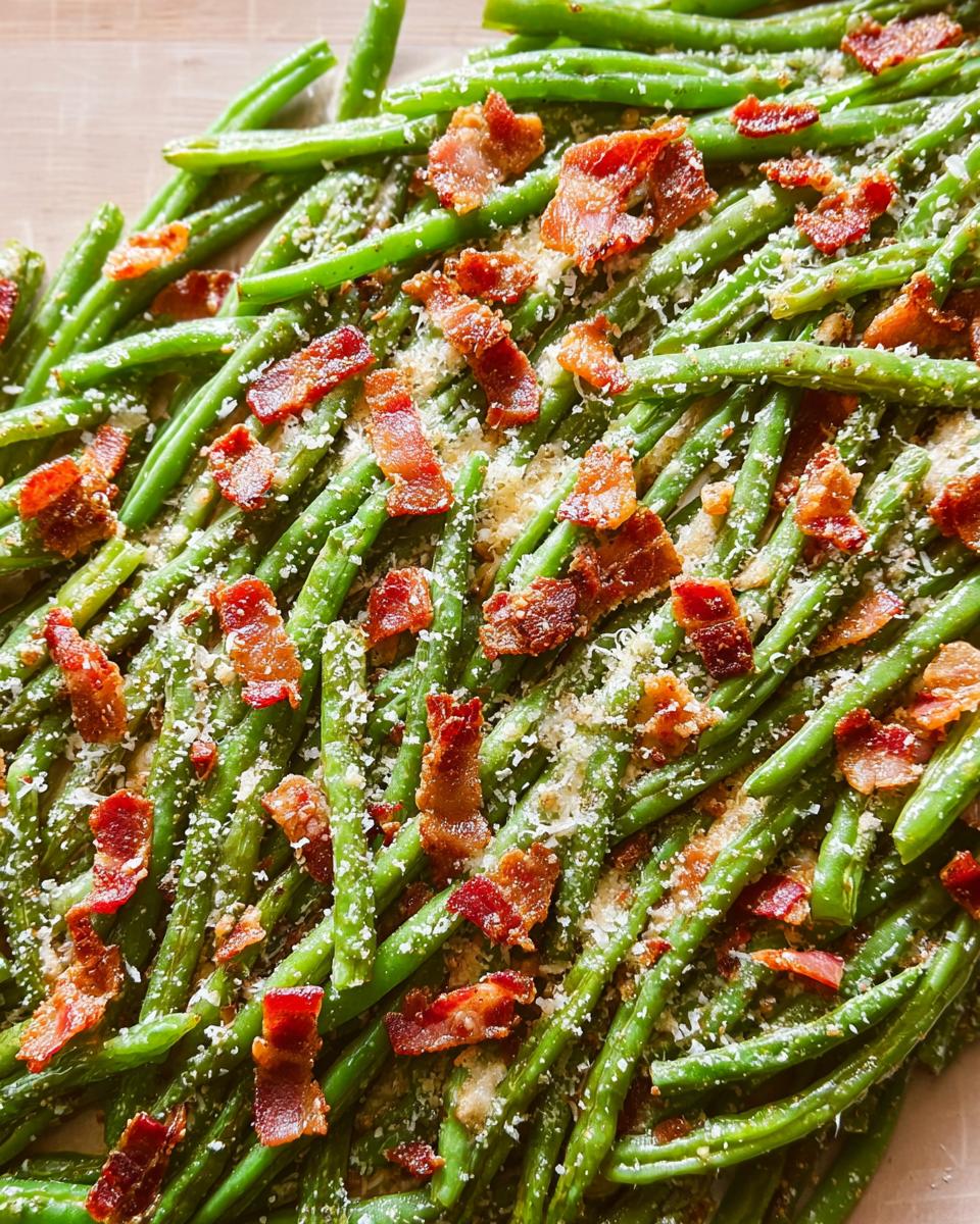 Close-up of fresh green beans topped with crispy bacon pieces and grated cheese, a perfect Thanksgiving Green Beans Recipe.