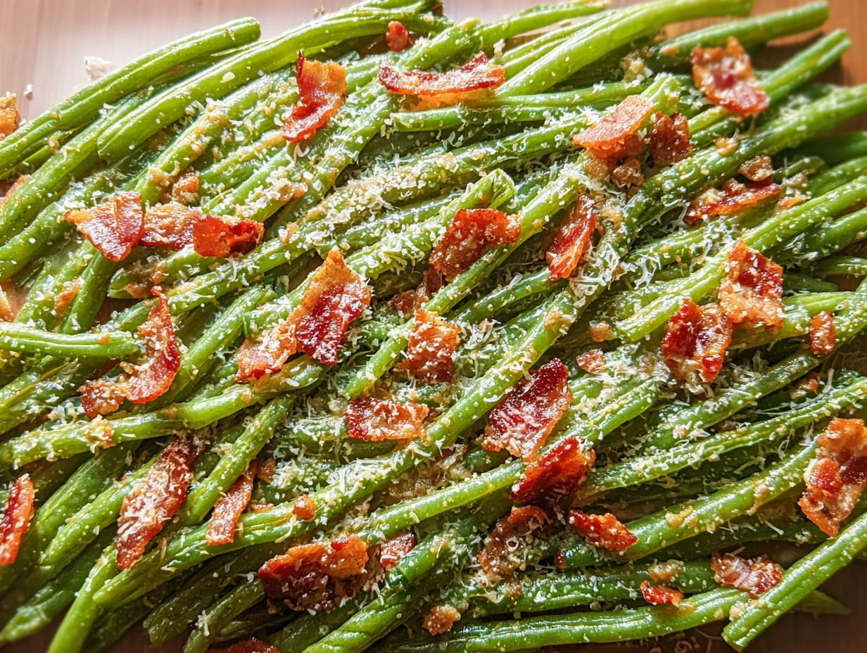 Close-up of a Thanksgiving green beans recipe with crispy bacon pieces and grated cheese.
