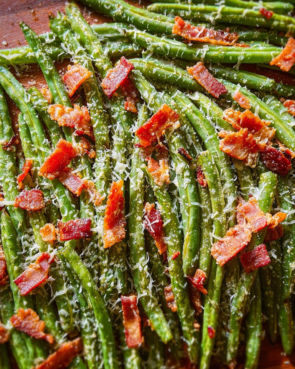 Close-up of a Thanksgiving Green Beans Recipe, topped with crispy bacon pieces and grated Parmesan cheese.