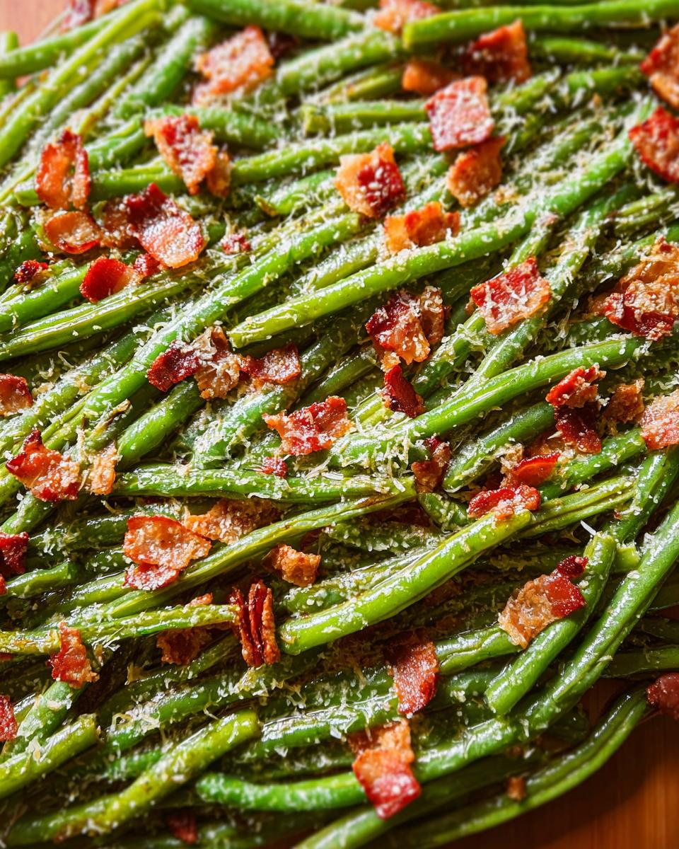 Close-up of a Thanksgiving Green Beans Recipe topped with crispy bacon bits and grated Parmesan cheese.