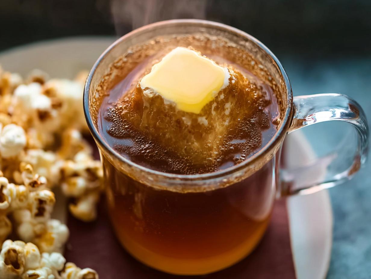 A close-up of a steaming mug of hot drink with a pat of butter melting on top, served with popcorn.