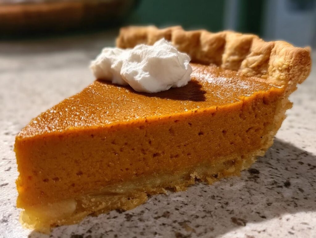 A slice of pumpkin pie with a dollop of whipped cream, showcasing its crispy crust and juicy filling. Perfect for Thanksgiving Desserts.