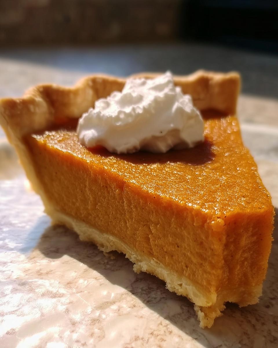 A slice of pumpkin pie with a dollop of whipped cream, showcasing its crispy crust and juicy filling.