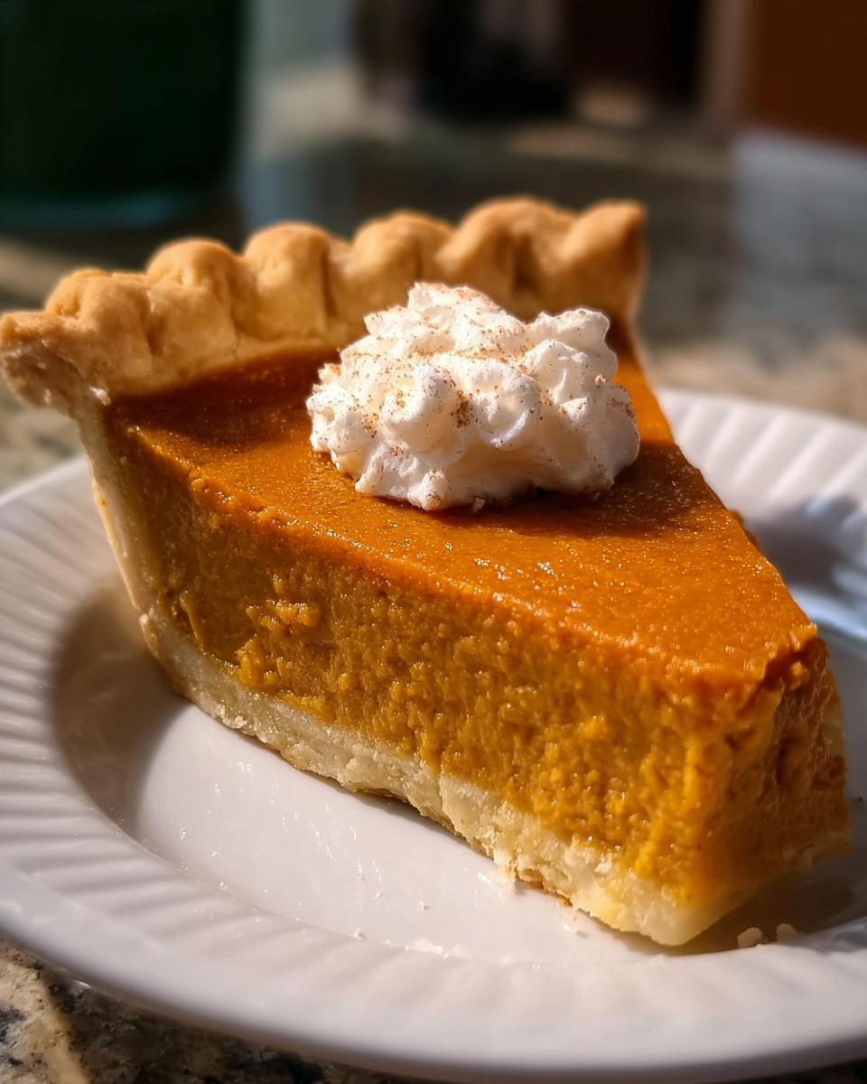 A slice of Thanksgiving pie with a golden crust, smooth pumpkin filling, and whipped cream, dusted with cinnamon.