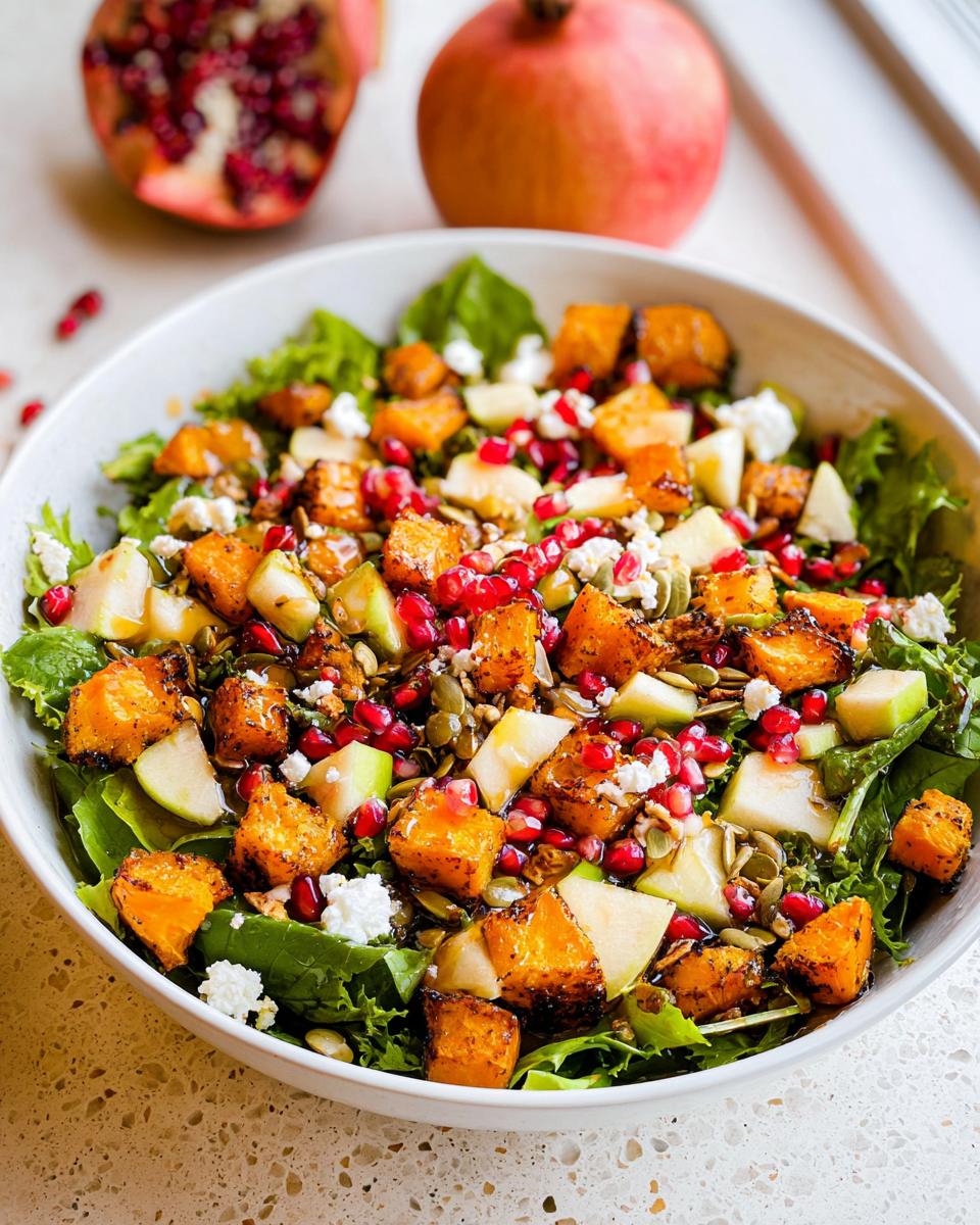 A vibrant Thanksgiving salad featuring roasted butternut squash, pomegranate seeds, diced apples, and crumbled feta cheese.
