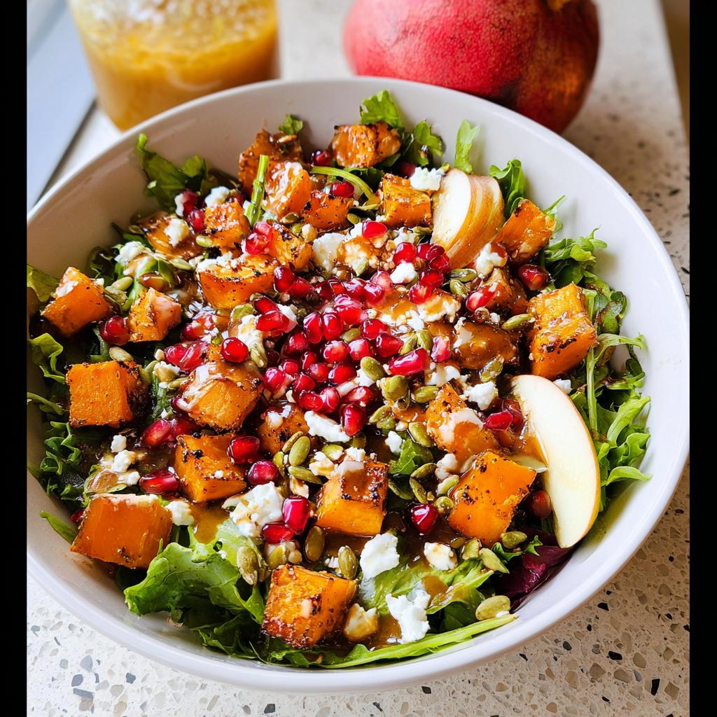 A vibrant Thanksgiving salad featuring roasted butternut squash, pomegranate seeds, feta cheese, and apple slices on a bed of mixed greens.