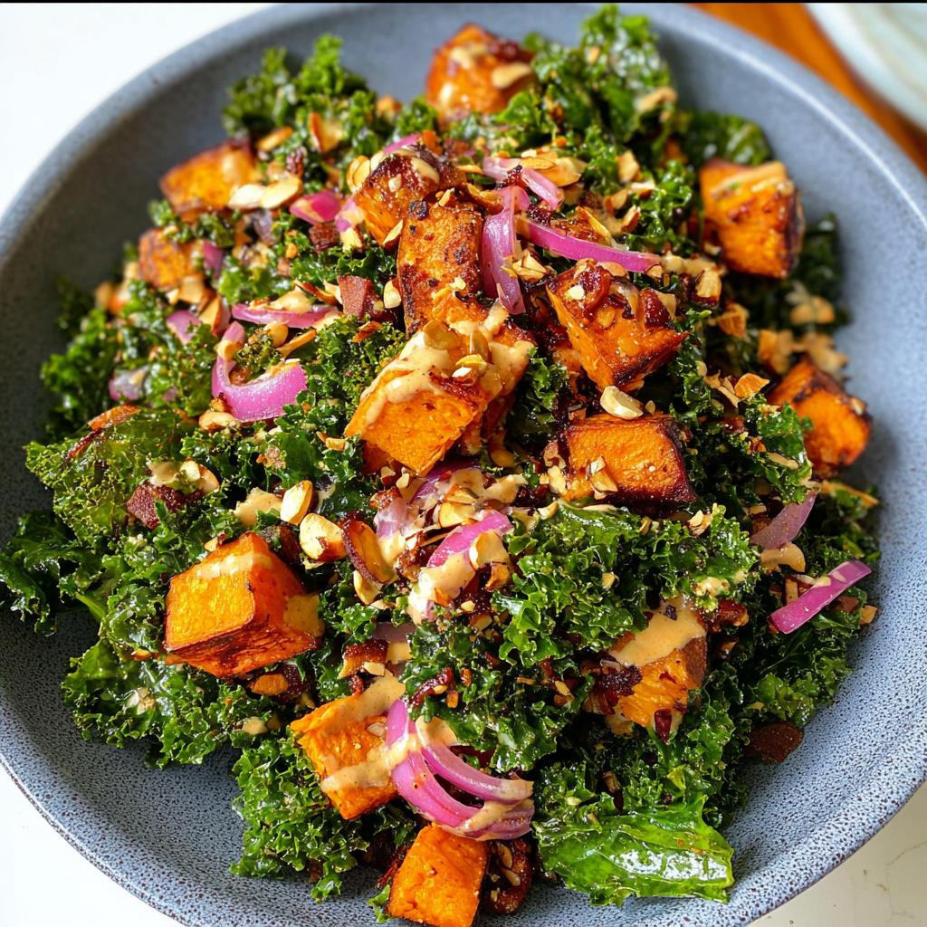 A vibrant Thanksgiving salad featuring massaged kale, crispy roasted sweet potato cubes, red onion, and almonds, drizzled with a creamy dressing.