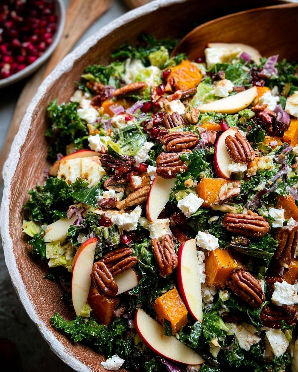 A vibrant Thanksgiving salad with kale, roasted butternut squash, apples, pecans, and feta cheese.