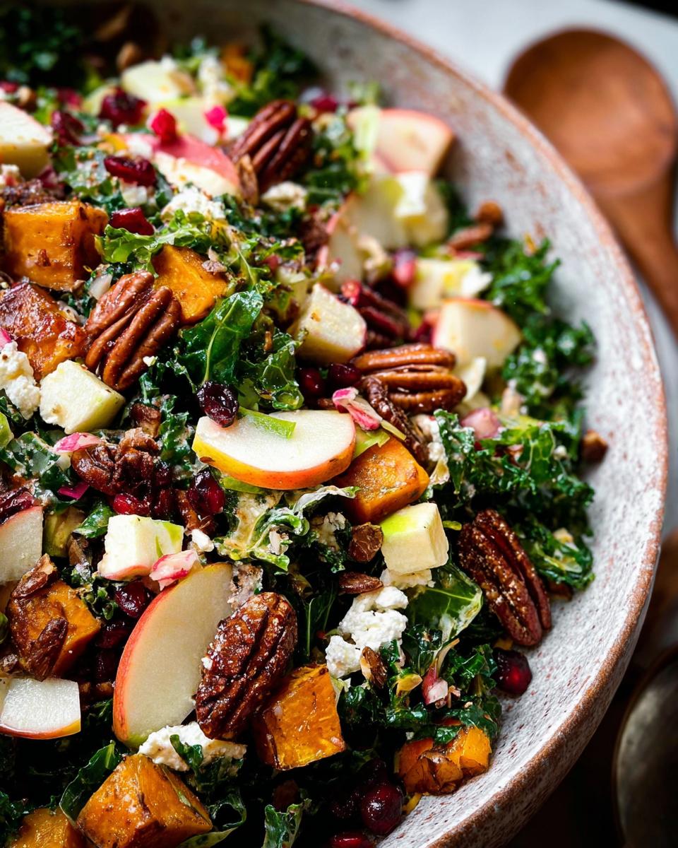 A vibrant Thanksgiving salad featuring kale, roasted butternut squash, apple slices, pecans, and crumbled cheese.