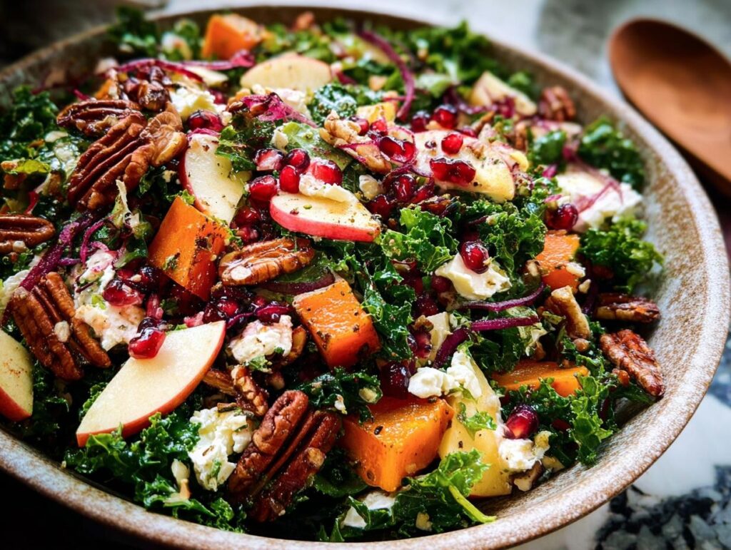 A vibrant kale salad featuring roasted butternut squash, apple slices, pecans, pomegranate seeds, and crumbled feta cheese. A Thanksgiving salad recipe.