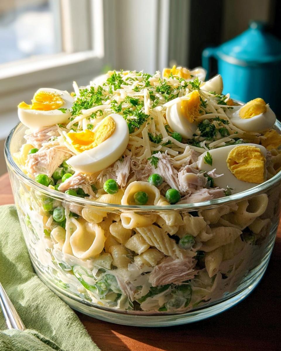 A large glass bowl filled with a creamy pasta salad featuring shredded chicken, peas, hard-boiled eggs, and shredded cheese, perfect for Thanksgiving Salad Recipes.