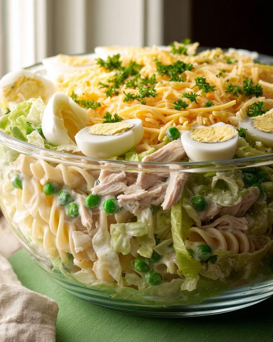 A large glass bowl filled with a Thanksgiving salad featuring pasta, shredded chicken, peas, lettuce, hard-boiled eggs, and shredded cheese.