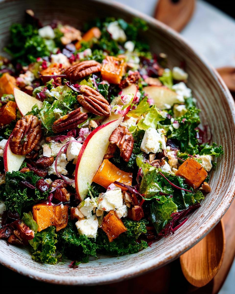 A vibrant Thanksgiving salad with kale, roasted butternut squash, apples, pecans, and feta cheese.