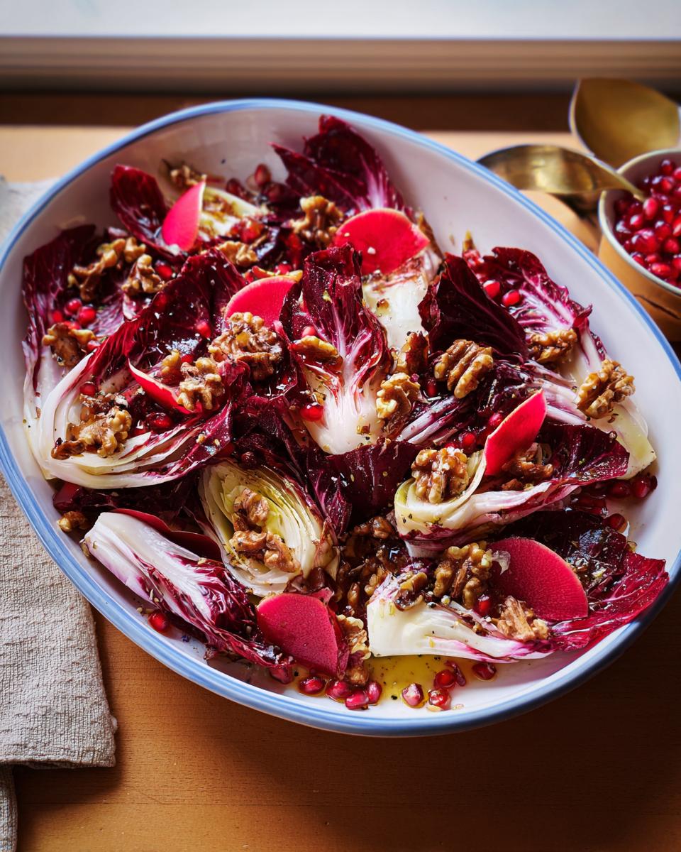 Close-up of a Thanksgiving salad featuring radicchio wedges, walnuts, pomegranate seeds, and thinly sliced radishes in a white oval bowl.