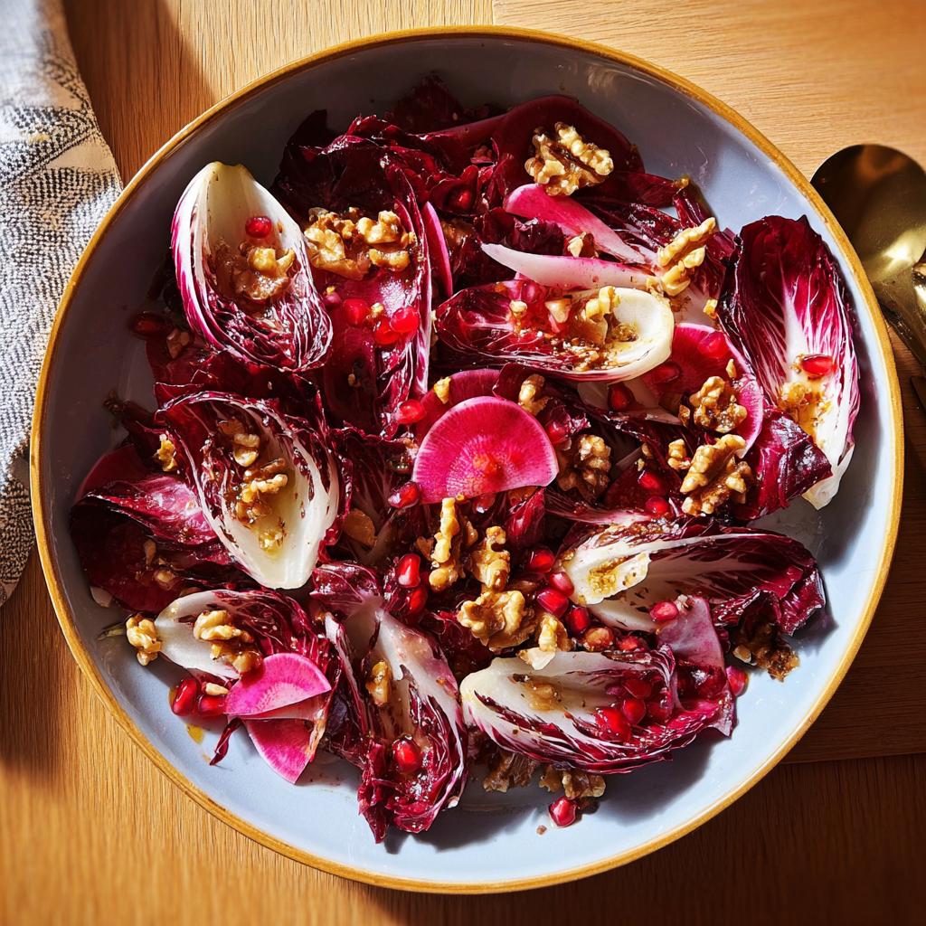 A colorful Thanksgiving salad recipe featuring radicchio, pomegranate seeds, walnuts, and thinly sliced radishes.