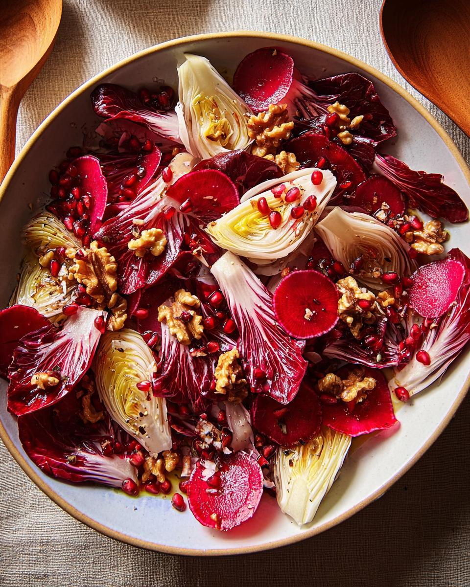 A colorful Thanksgiving salad recipe featuring radicchio, beets, walnuts, and pomegranate seeds in a bowl.