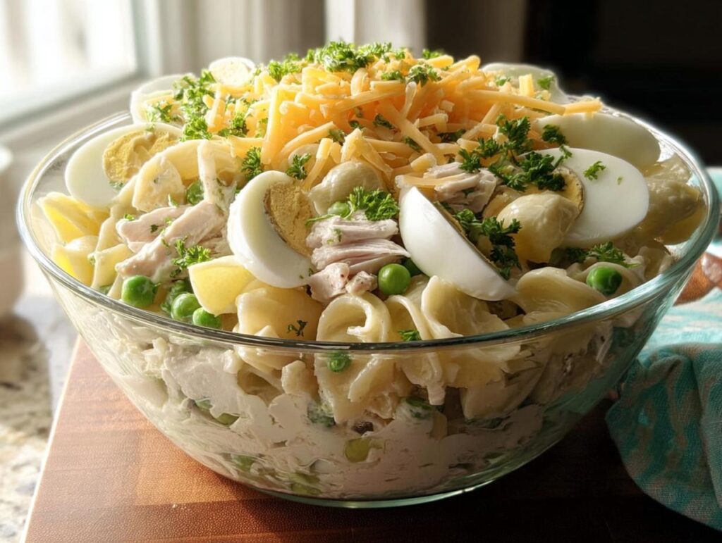 A large glass bowl filled with a creamy Thanksgiving salad recipe featuring pasta, chicken, peas, hard-boiled eggs, and shredded cheese.