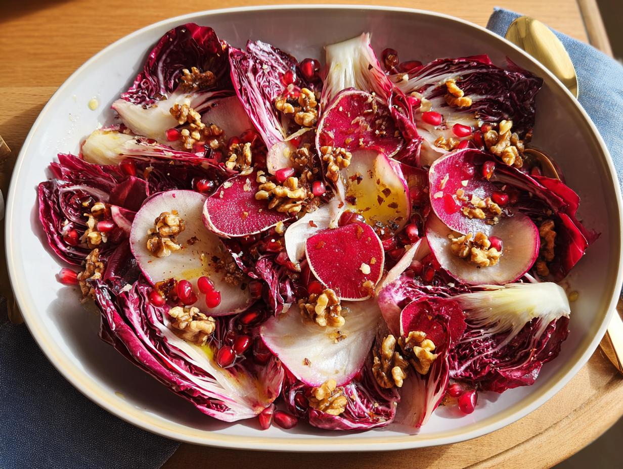 A colorful Thanksgiving salad recipe featuring radicchio, sliced radishes, walnuts, and pomegranate seeds.