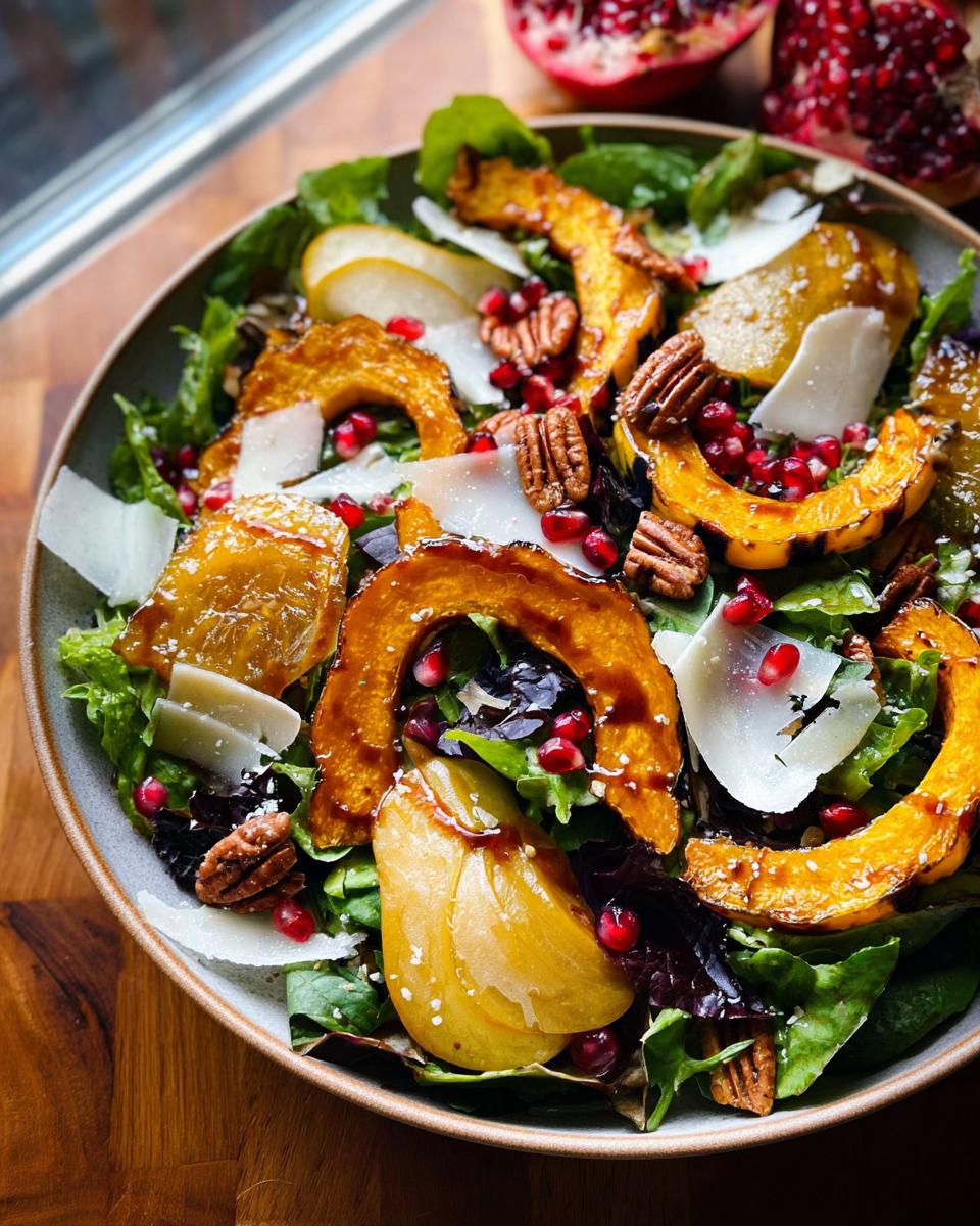 A vibrant Thanksgiving salad featuring roasted acorn squash, pear slices, pomegranate seeds, pecans, and shaved parmesan.